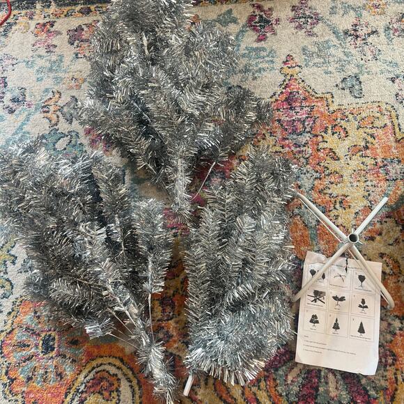 Silver Tinsel Christmas Tree 3 Sections Folding Retro Aluminum Vintage Style - Picture 1 of 11